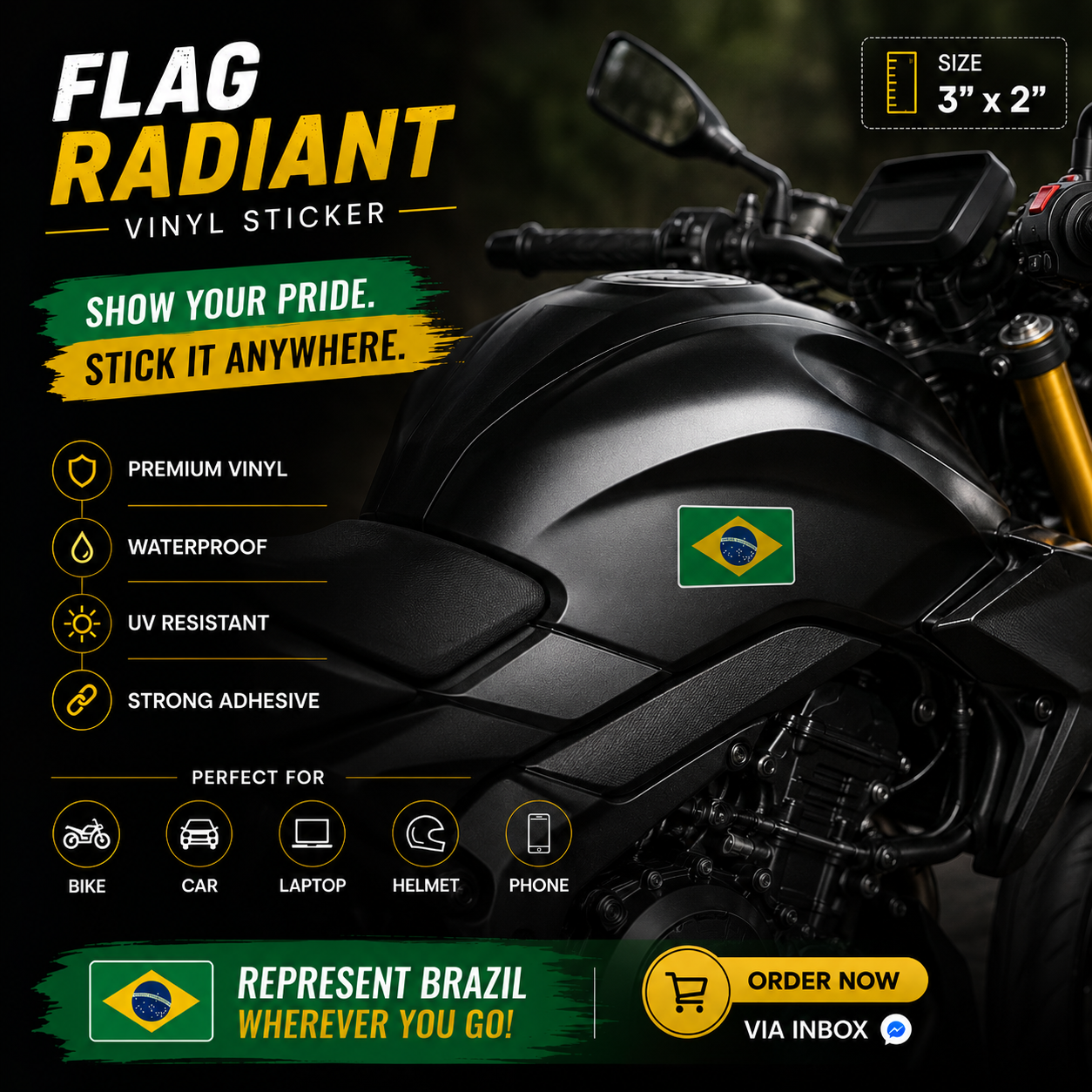 Brazil Flag Radiant Vinyl Sticker | Moto Sticker BD