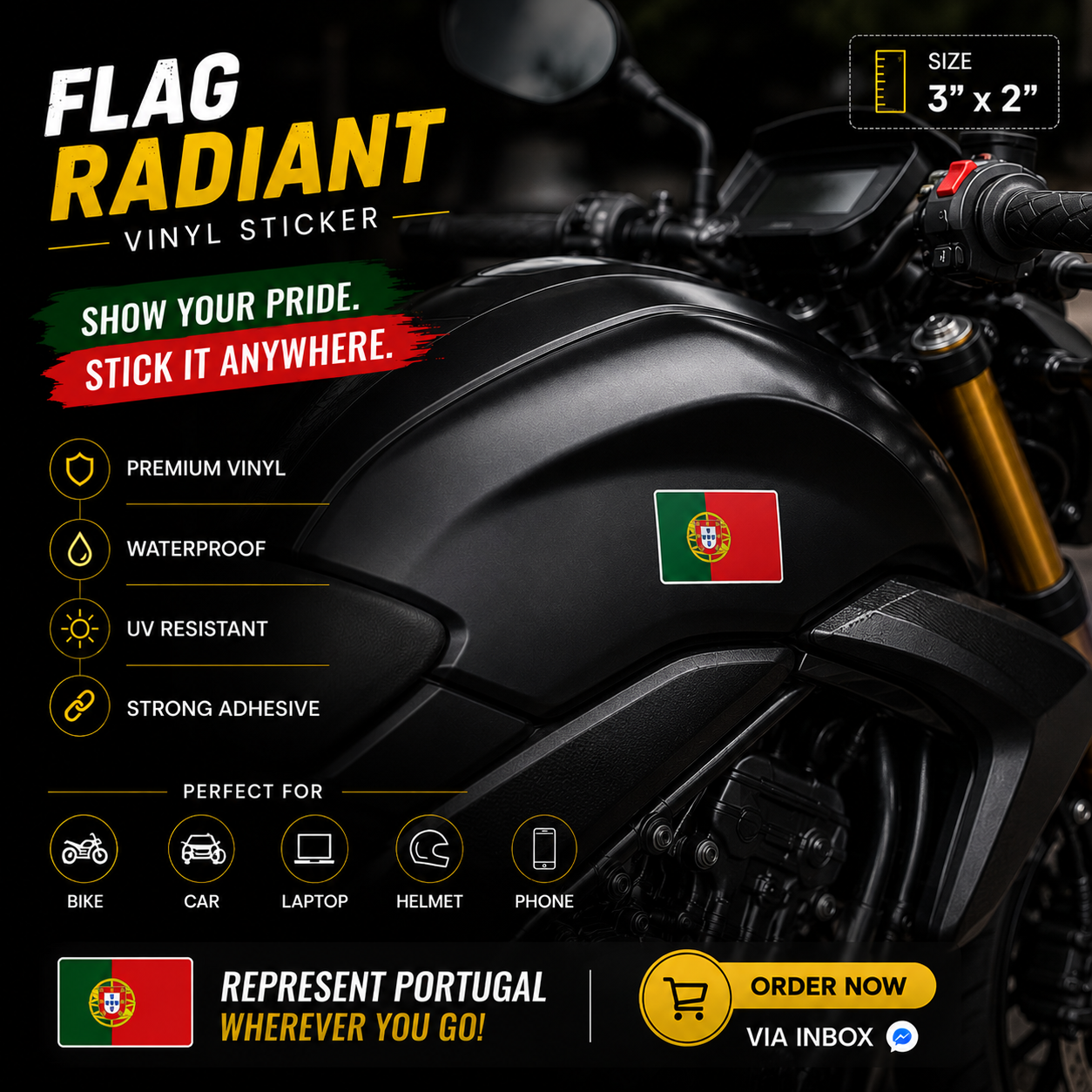 Portugal Flag Radiant Vinyl Sticker | Moto Sticker BD