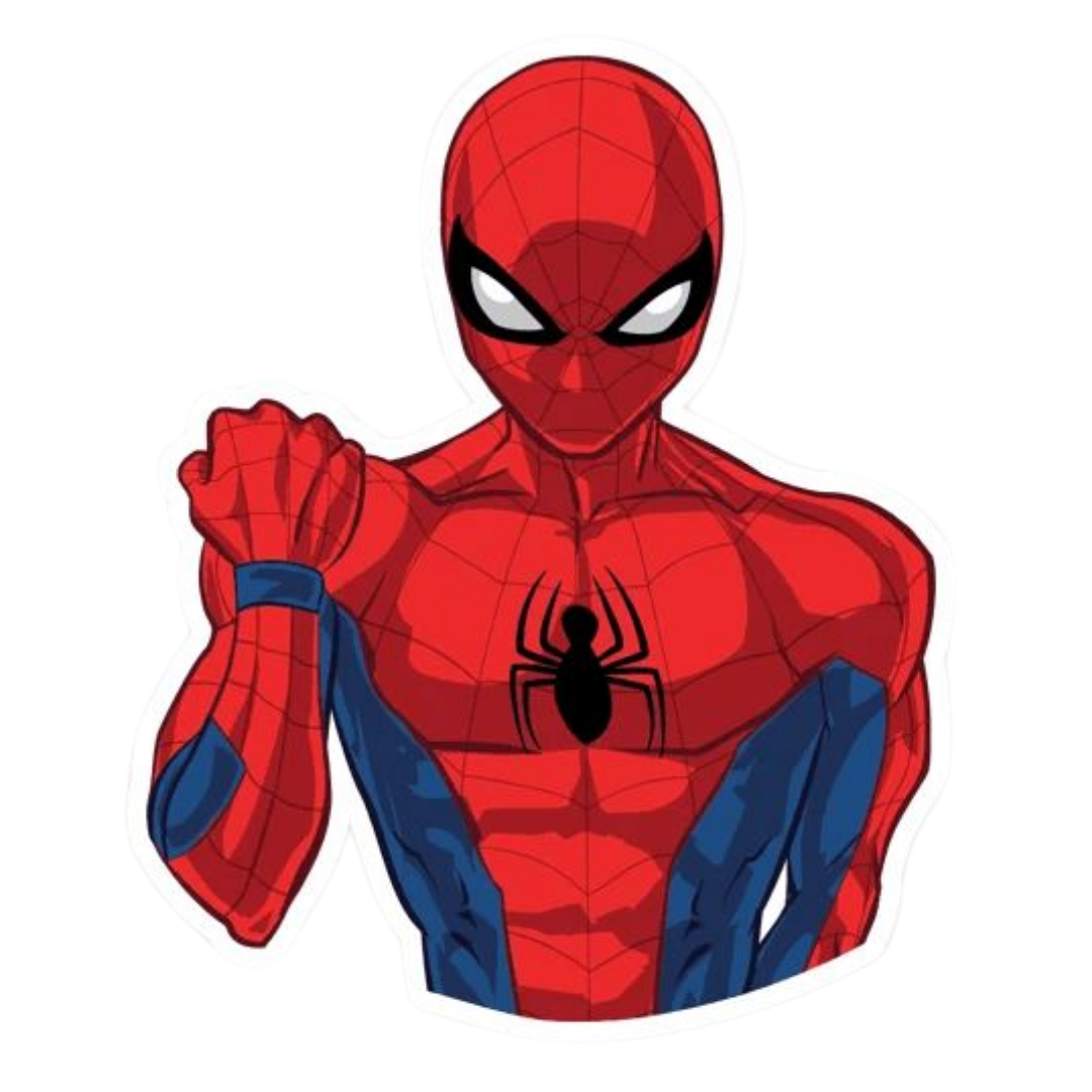 Spider-Man comic book character bust illustration in red and blue with a black spider emblem on the chest, shown on a plain white background.